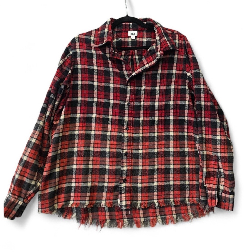 BKE Mens Red Black Plaid Flannel Shirt Raw Fringe Hem Size M
